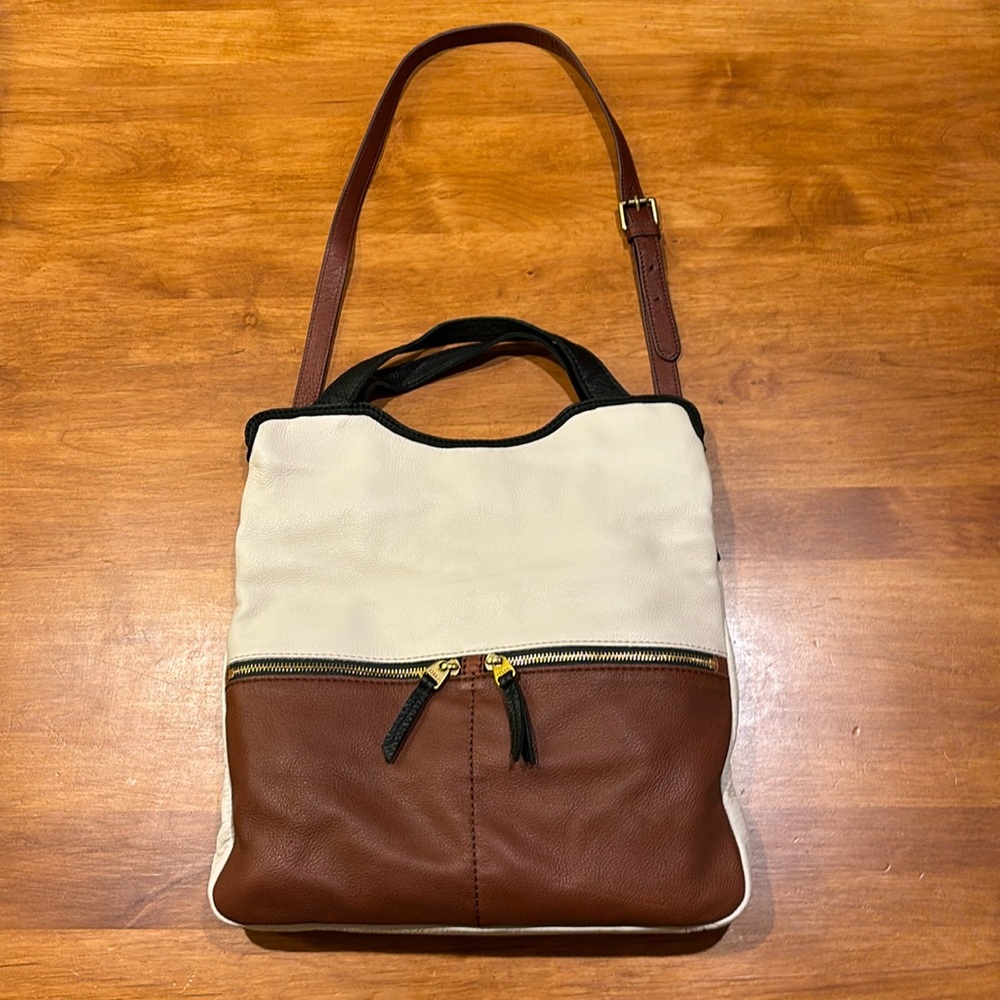 FOSSIL BUCKET HOBO TOTE Leather Tri-Color EUC & Strap Crossbody 2-Way Bag Boho